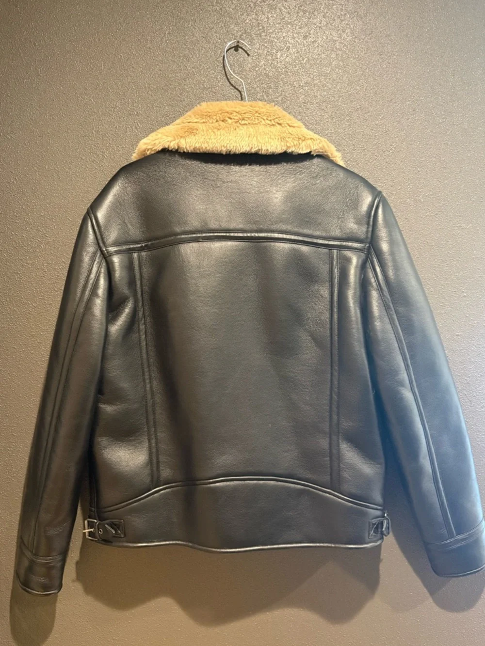 ZARA Mens Size L Black Vegan Leather Bomber Jacket Tan Shearling Collar - Picture 3 of 7